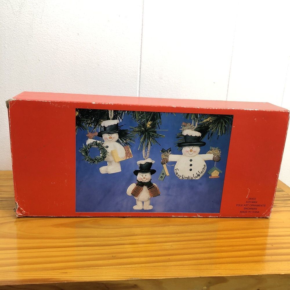 Folk‎ Art Set 3 Snowmen Christmas Tree Ornaments In Box Holiday Decor